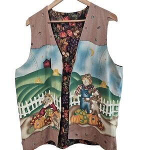 Vintage Fall Vest Womens Size XXL Brown Scarecrow Floral Handmade Irreversible
